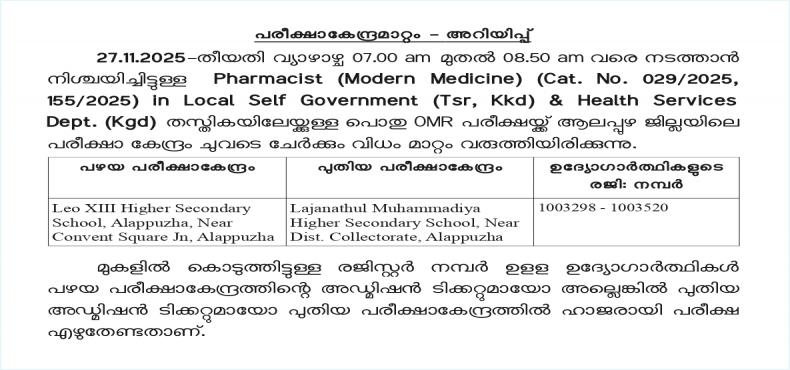 CENTRE CHANGE - Pharmacist (Modern Medicine) (Cat. No. 029/2025, 155/2025) in Local Self Government (Tsr, Kkd) & Health Services Dept. (Kgd).