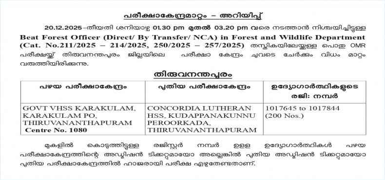 Centre Change - Beat Forest Officer (Direct/ By Transfer/ NCA) in Forest and  Wildlife Department (Cat. No.211/2025 – 214/2025, 250/2025 – 257/2025)