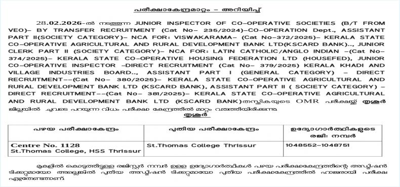 Centre Change - JUNIOR INSPECTOR OF CO-OPERATIVE SOCIETIES (B/T FROM VEO)- BY TRANSFER RECRUITMENT (Cat No- 235/2024)-CO-OPERATION 